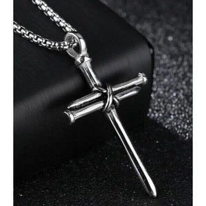 Nail Cross Pendant 24" Silver Necklace Stainless Steel Chain Men Women Jesus